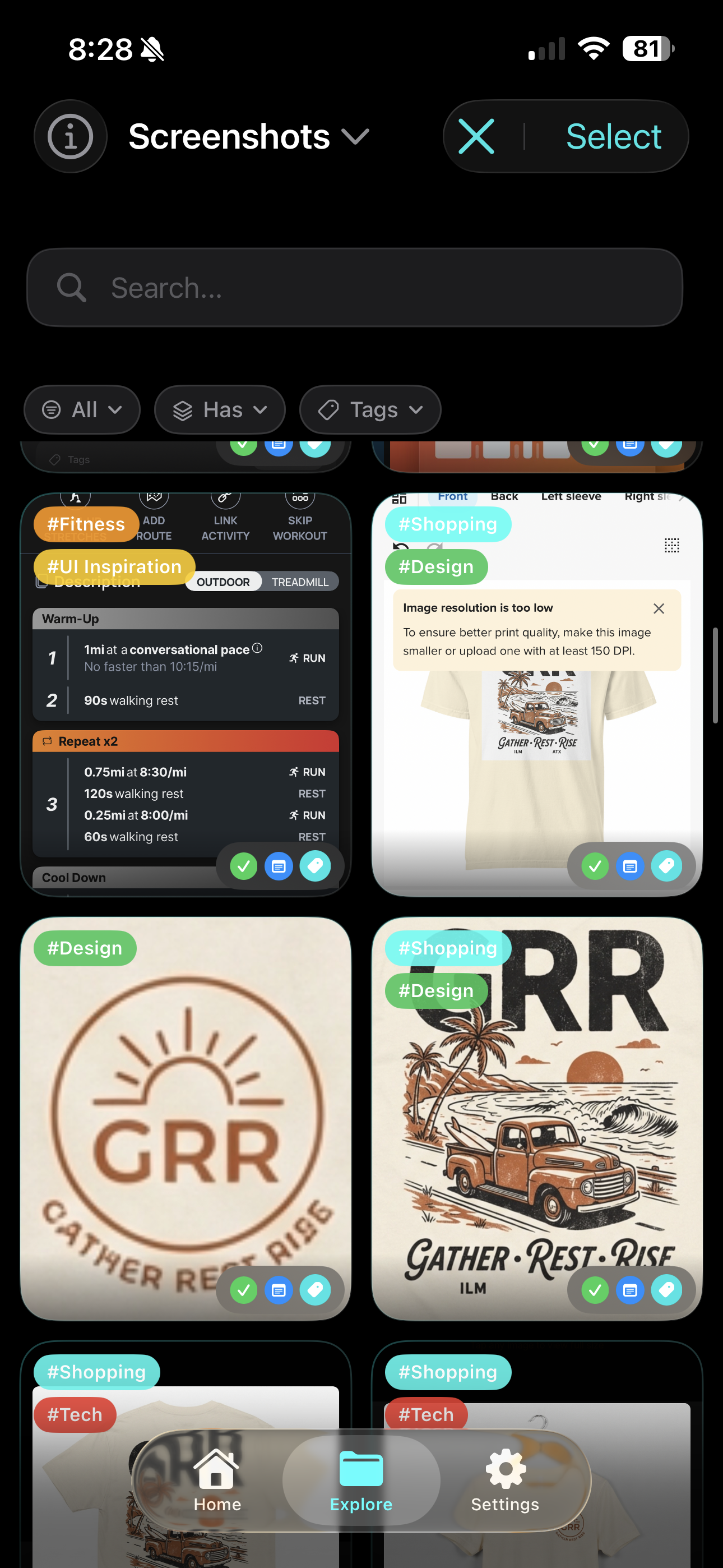 Explore view with tag filtering and search