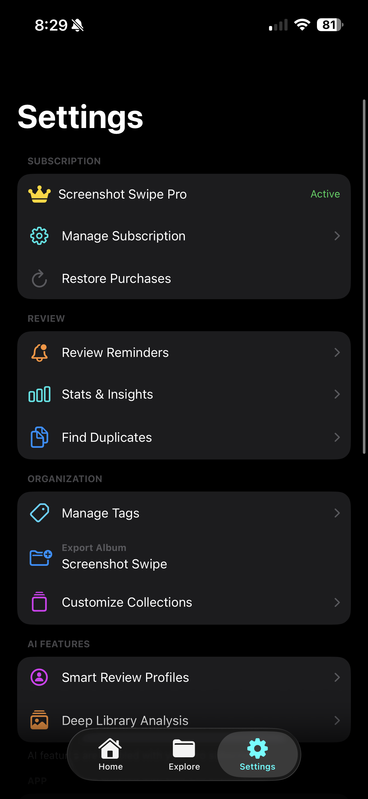 Settings and Pro subscription management