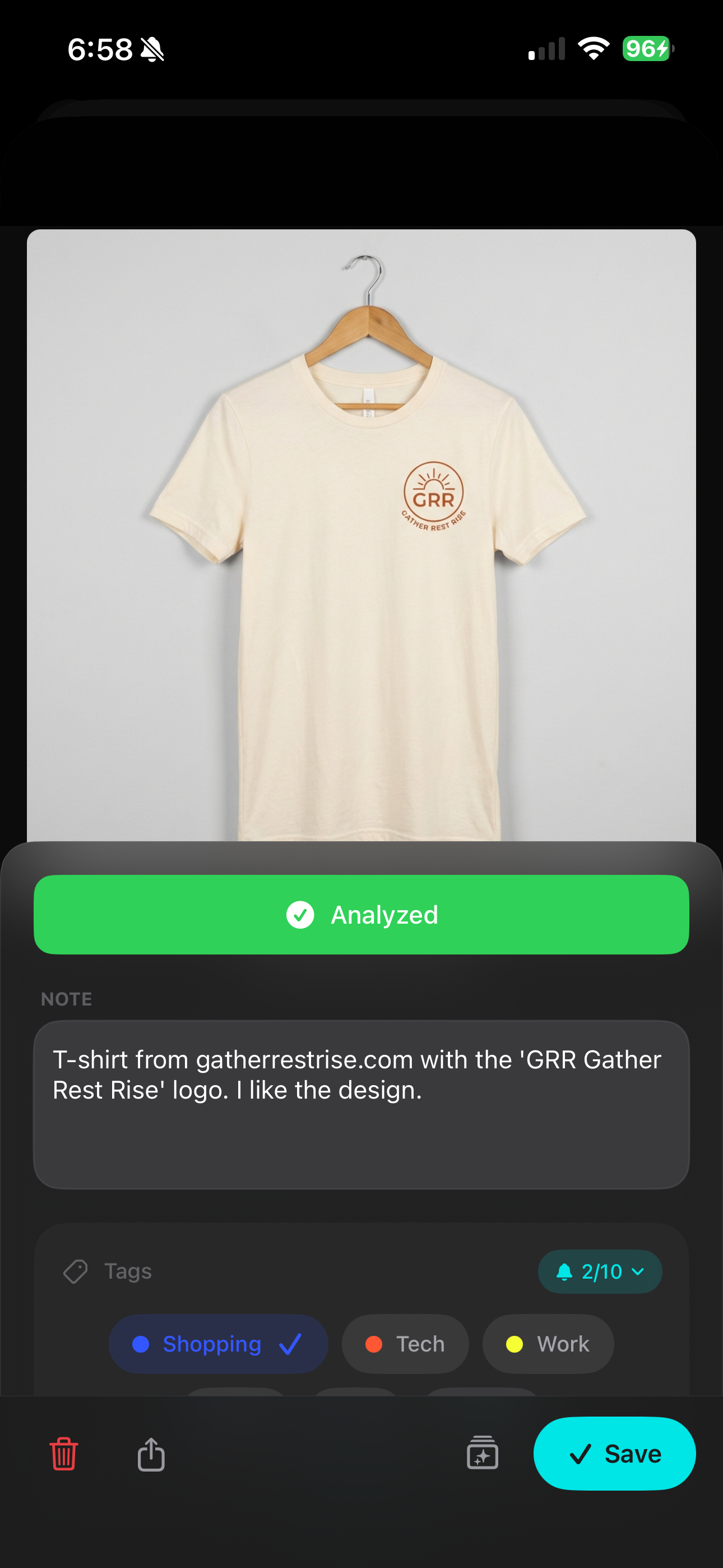 Screenshot detail view showing Notes, Tags and AI Analysis