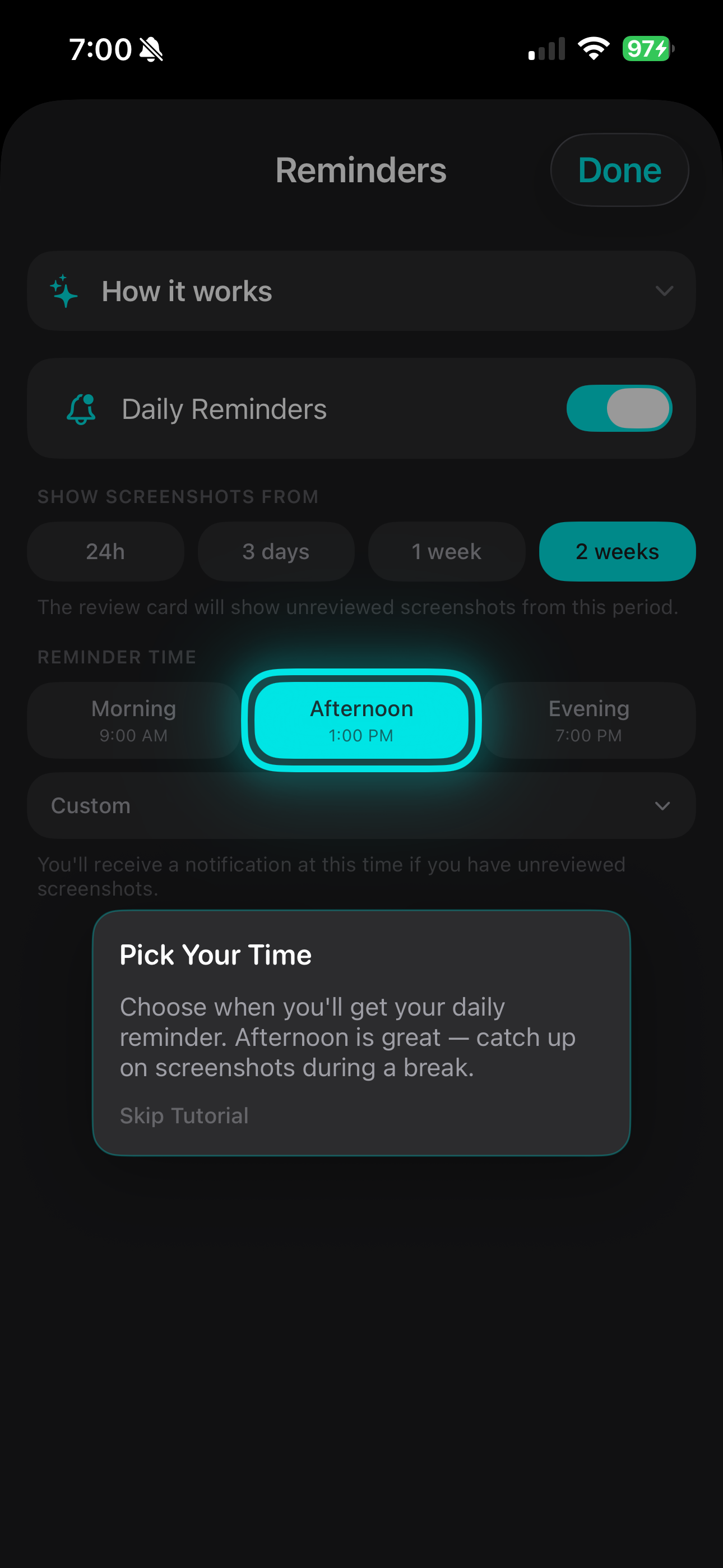 Daily reminder settings with customizable timeframes