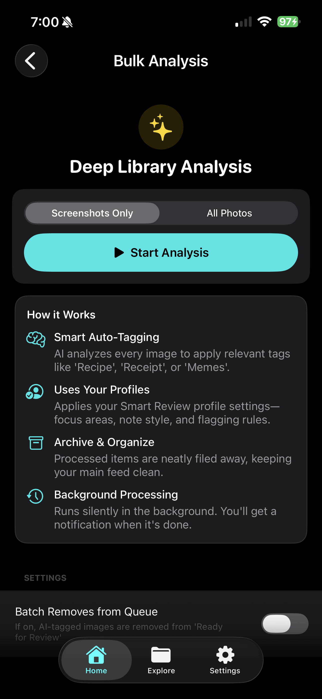 Auto-Analyze toggle in Settings showing AI Features