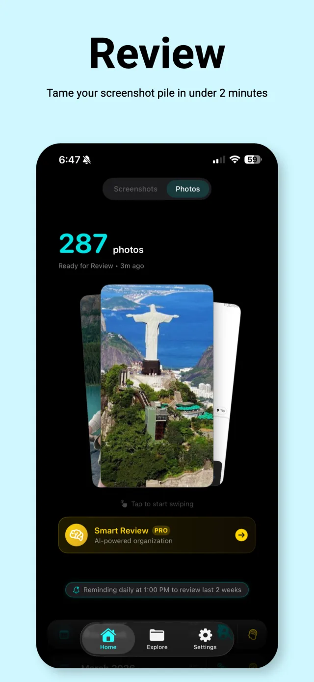 Screenshot Swipe review queue with optional Smart Review