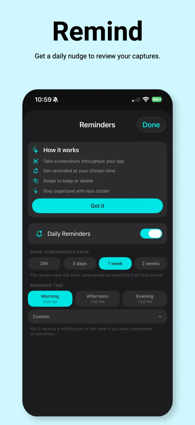 Daily review reminder settings with a time and lookback window