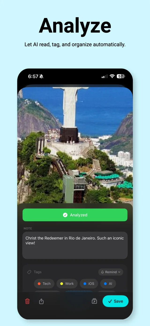 Screenshot Swipe's Smart Review screen showing an analyzed screenshot with an AI-written note and suggested tags