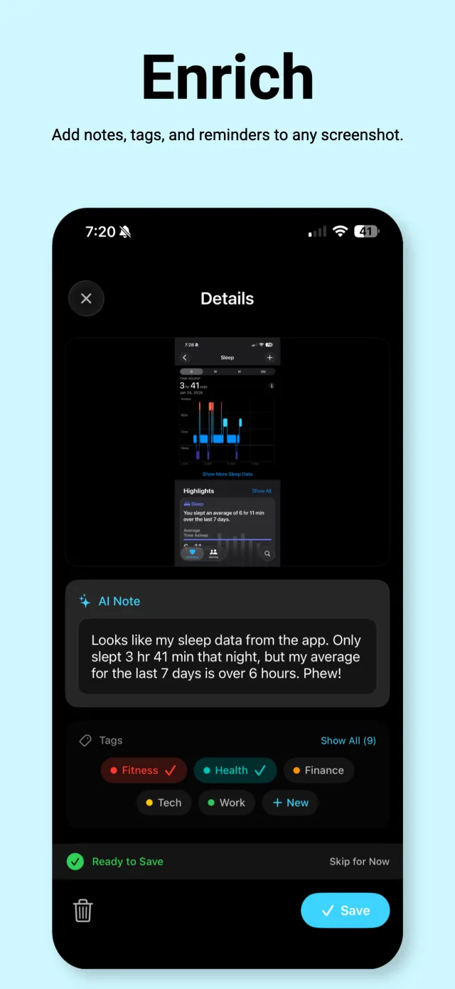 Screenshot Swipe details screen showing an AI note describing sleep data, with Fitness and Health tags selected