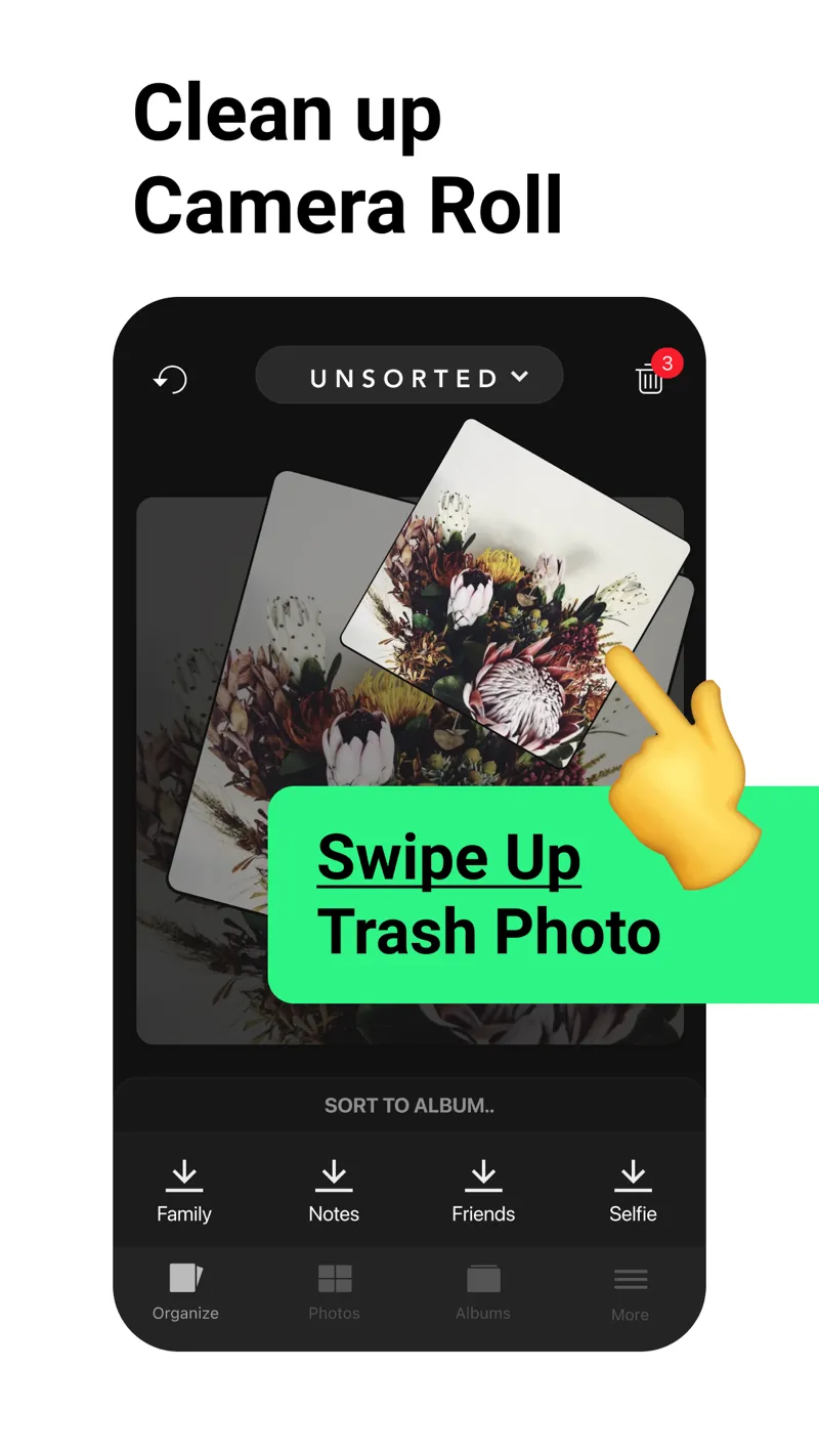 Slidebox screenshot showing a swipe-up trash gesture and album choices
