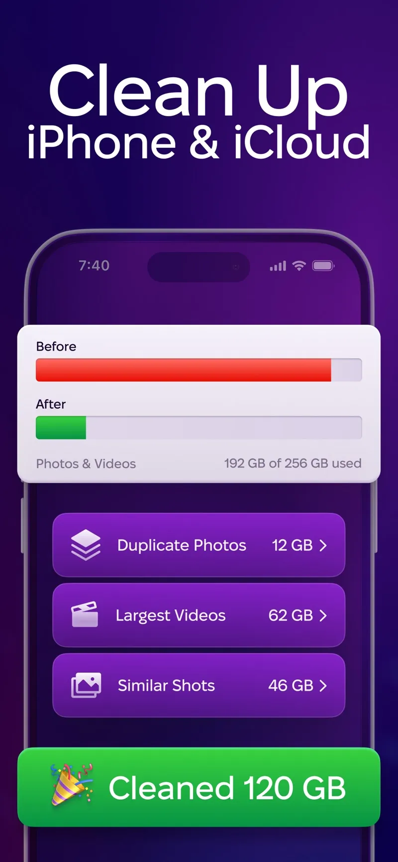 CleanMy®Phone screen showing before-and-after storage bars and categories for duplicate photos, largest videos, and similar shots