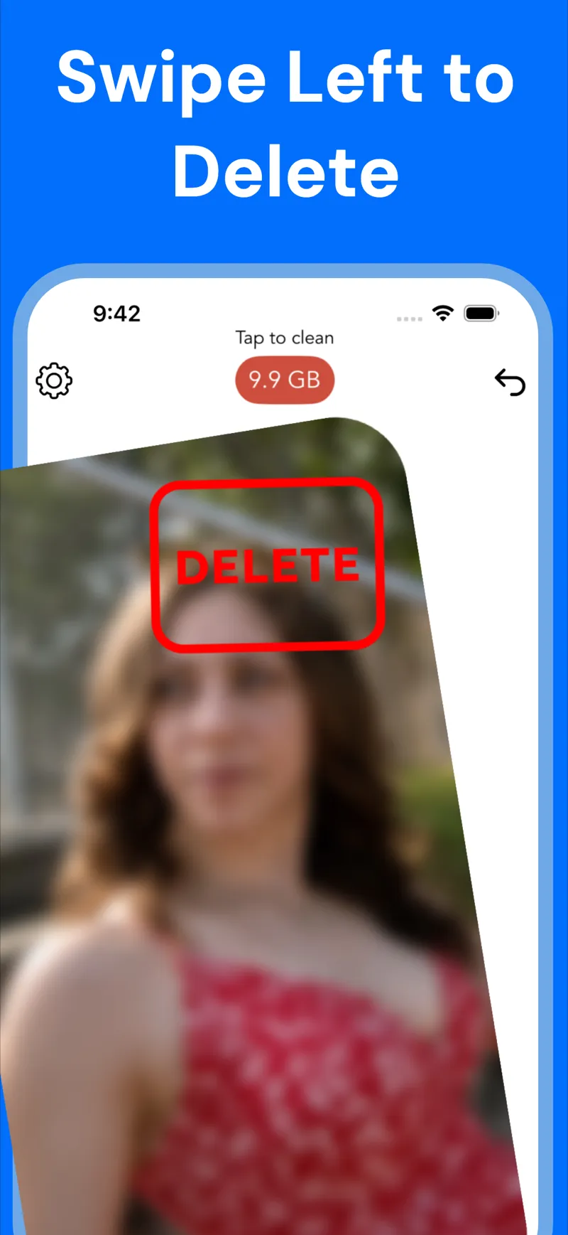Slider app showing a photo mid-swipe with a red DELETE stamp and a storage counter reading 9.9 GB at the top