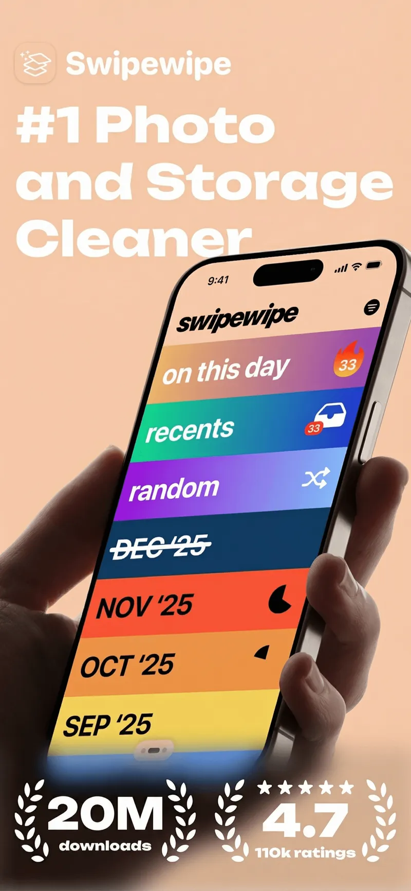 Swipewipe home screen listing colorful monthly review decks — On This Day, Recents, Random, and month-by-month cards