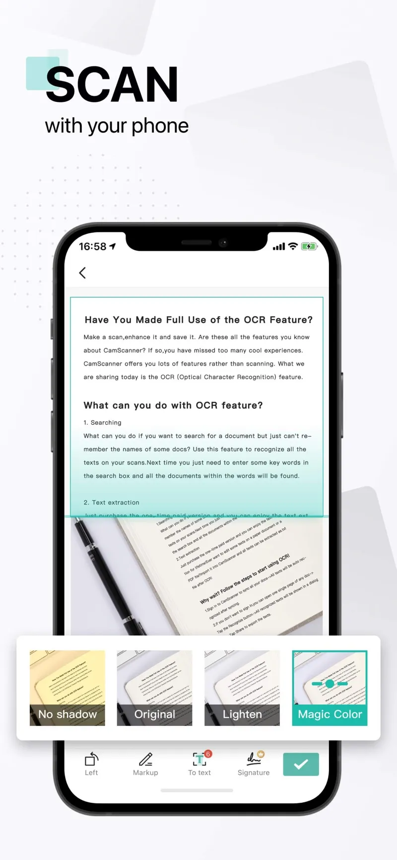 CamScanner OCR feature scanning a printed page with enhancement filter options