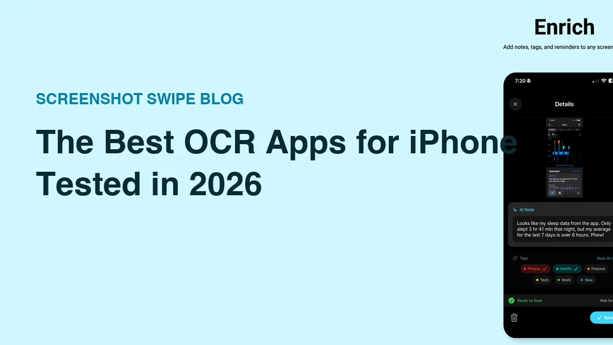 Blog cover for best OCR apps for iPhone with the Screenshot Swipe details screen