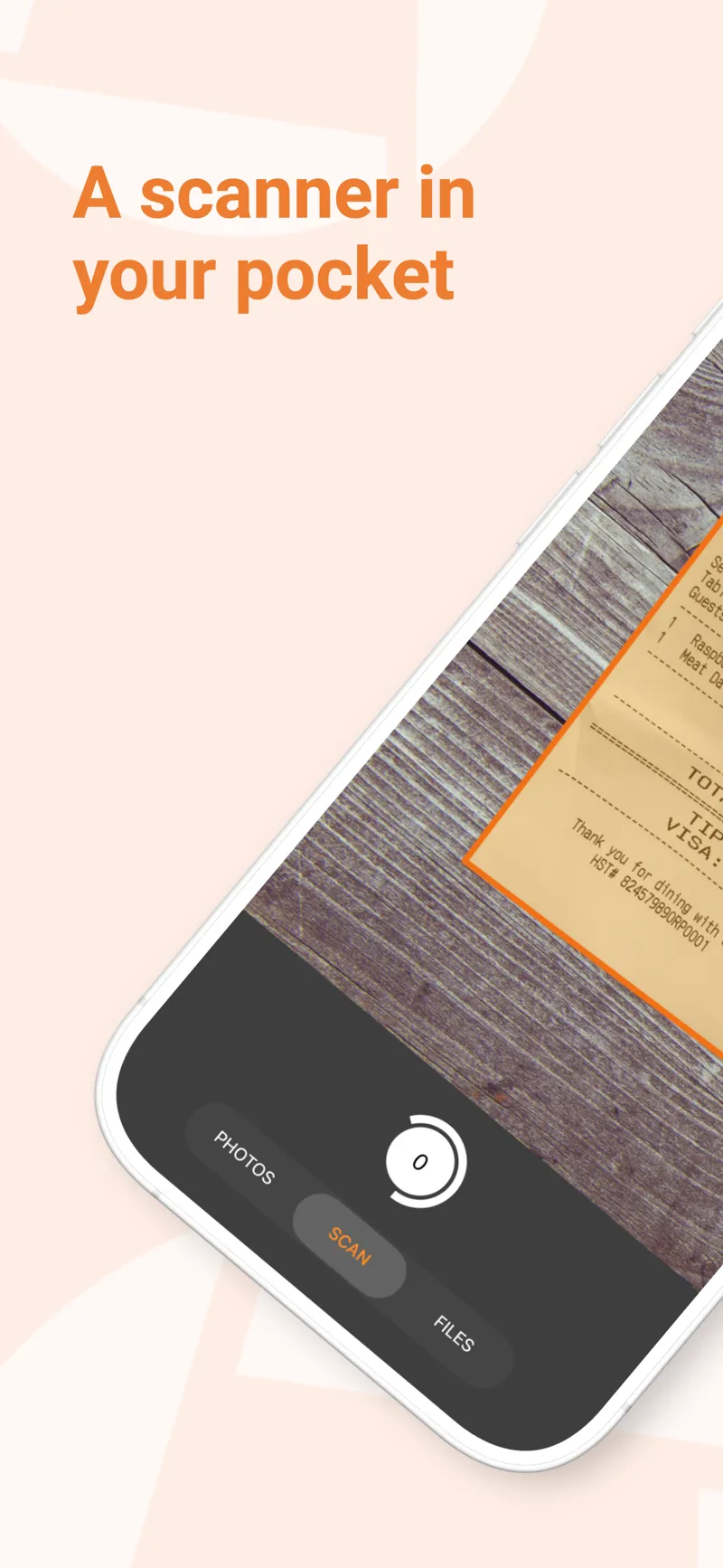 Genius Scan capturing a receipt on a wooden table with its scanner interface