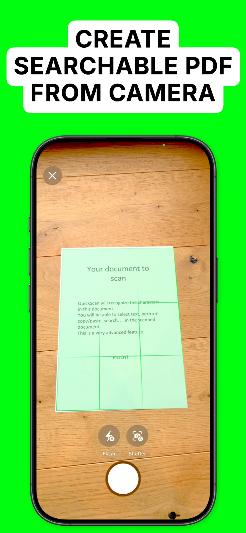QuickScan camera view creating a searchable PDF from a paper document