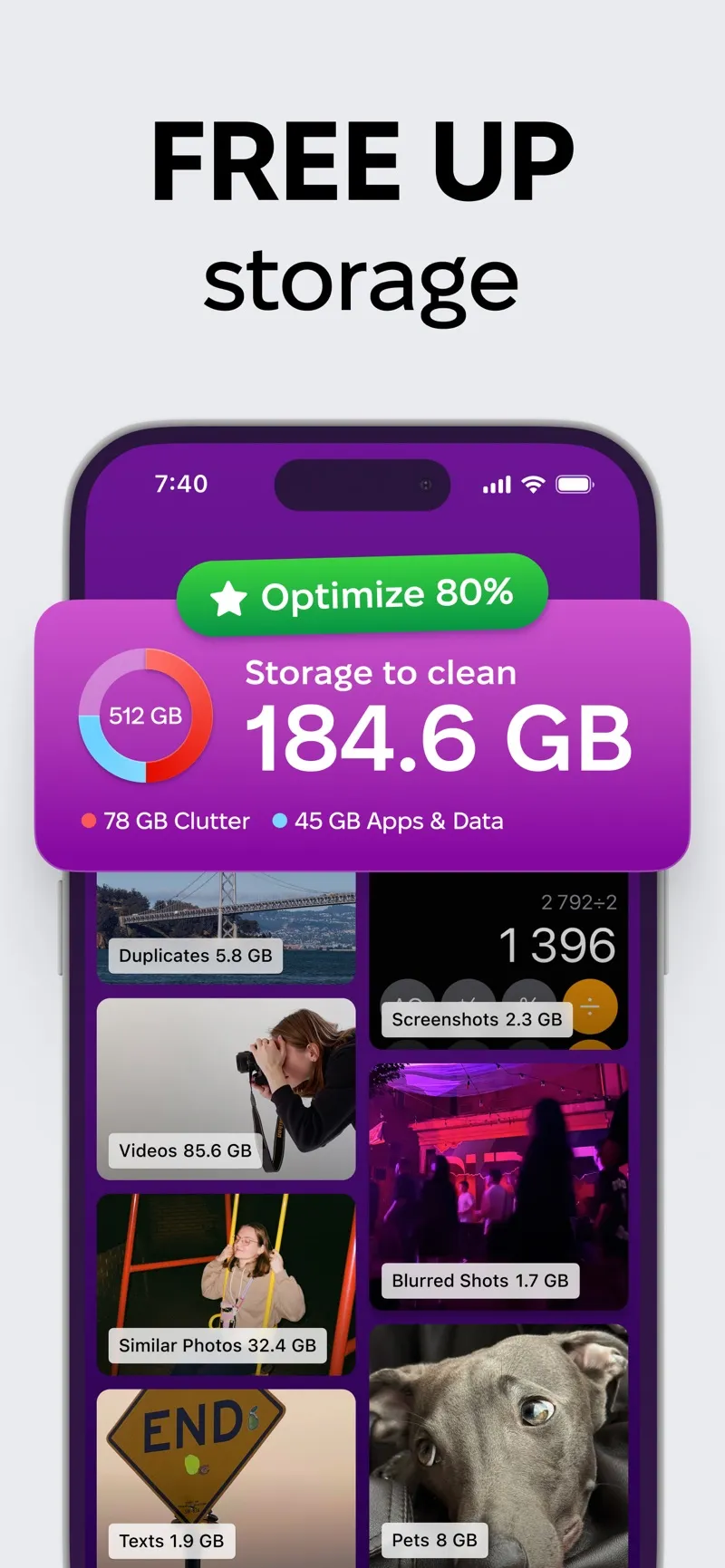 CleanMy®Phone storage scan showing 184.6 GB to clean across duplicates, videos, similar photos, and screenshots categories