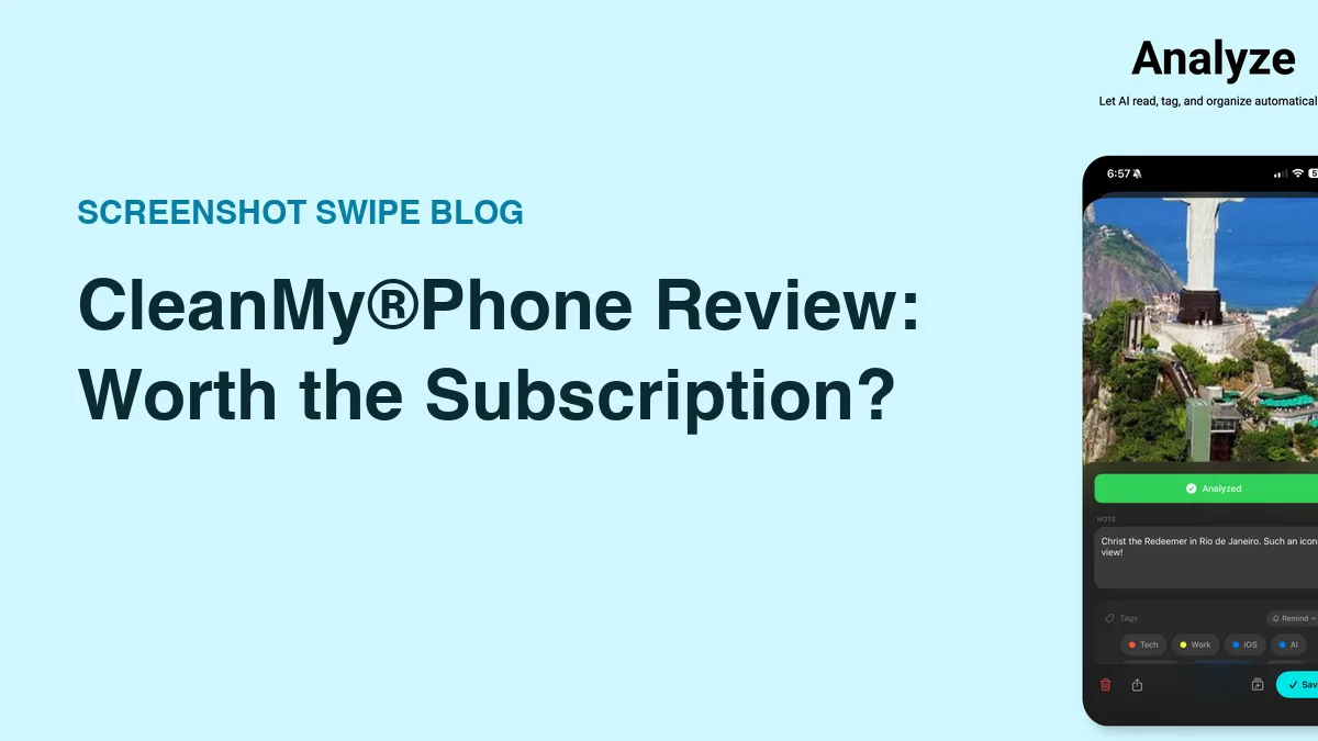 Blog cover for the CleanMy®Phone review with the Screenshot Swipe analyze screen
